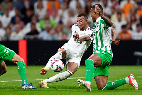 La Liga 2024-25 Real Madrid vs Real Betis: Betis' Natan, right, challenges Real Madrid's Kylian Mbappe 